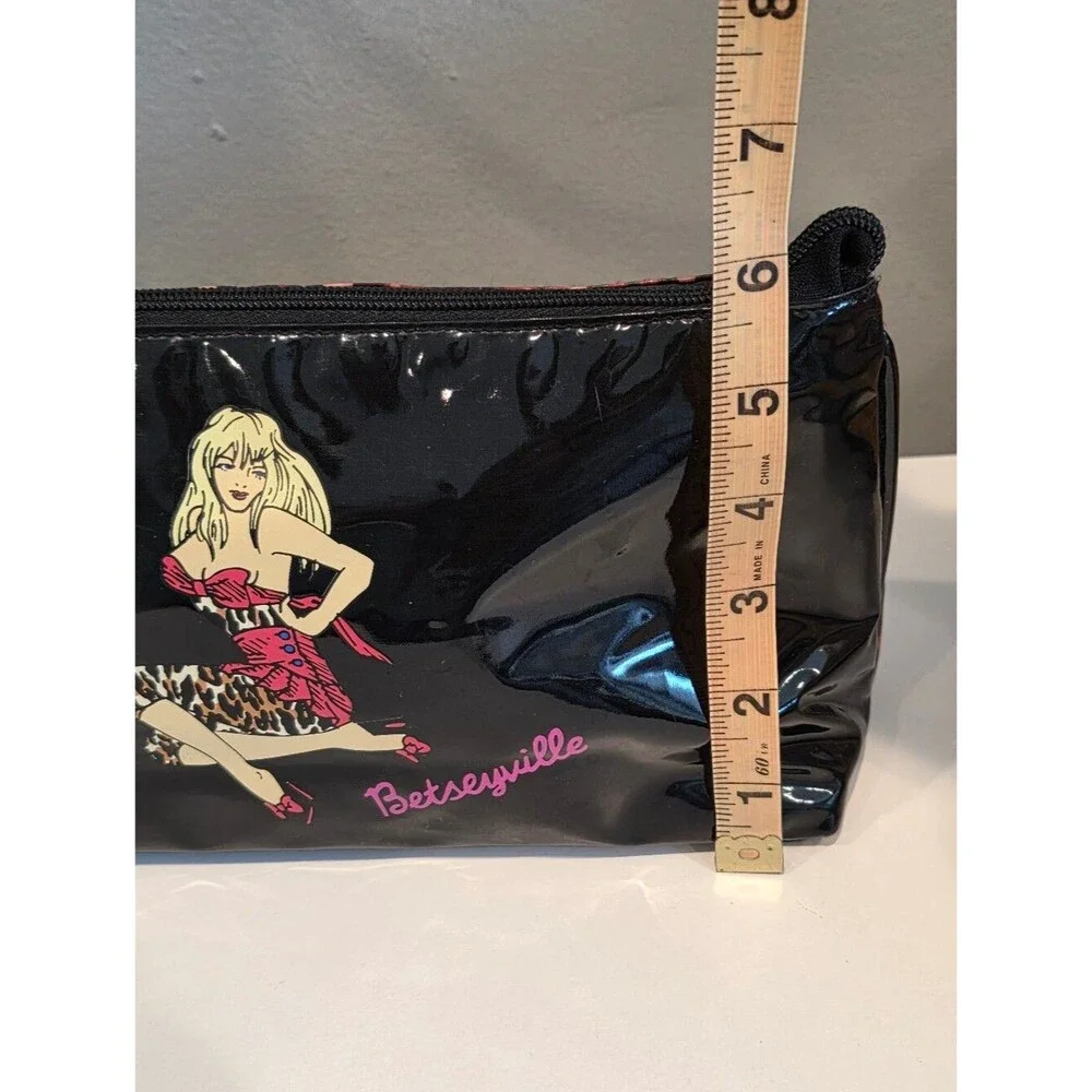 Betsey Johnson Black Vinyl Cosmetic Bag Pinup Leopard Print Glam Coquette Punk